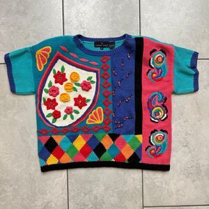 VINTAGE 80s Carole Little Colorful Floral Handknit Short Sleeve Cardigan Sz M